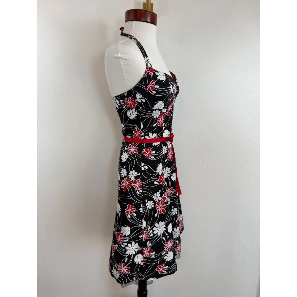 Rampage‎ Floral Halter Dress Red White Y2K Rockabilly Pinup Retro Tulle Sz 3 XS